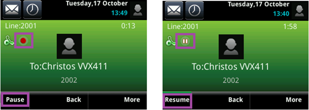 A screenshot of the call interface with a highlighted pause and resume button