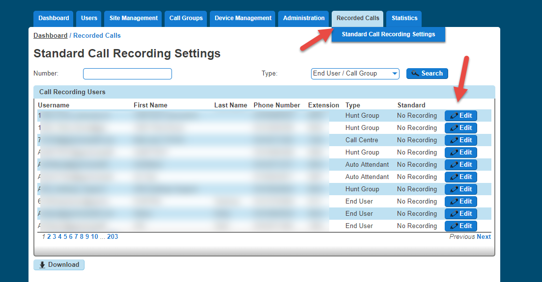 Horizon page highlighting the recorded calls section along with a highlighted edit button on one of the recordings.