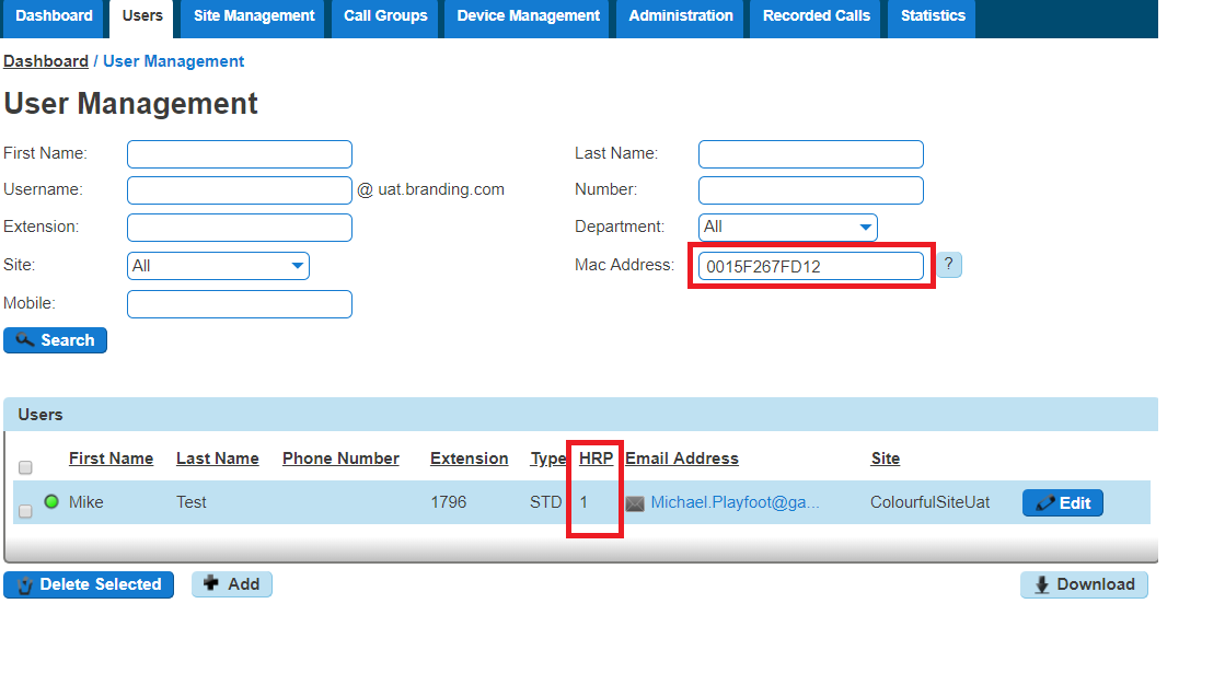 User management page with a highlighted mac address input box and a HRP count