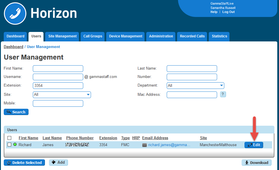 A screenshot of the horizon user management page with an edit button on a user profile