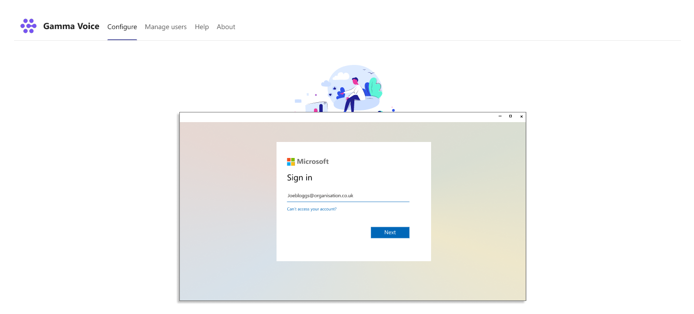 Sign in page for gamma voice using microsoft sign in