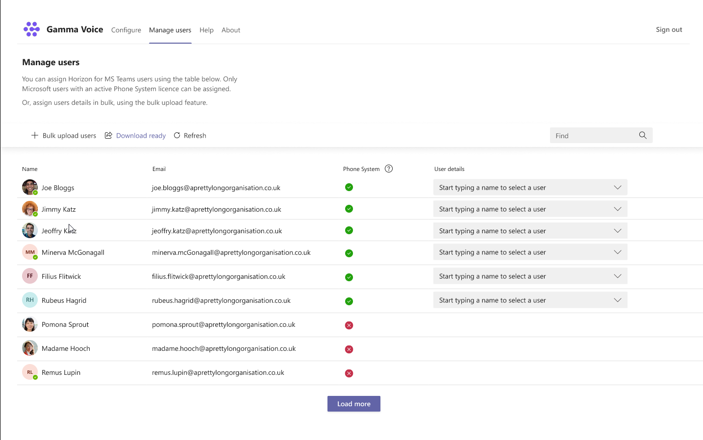 Manage users page in gamma voice