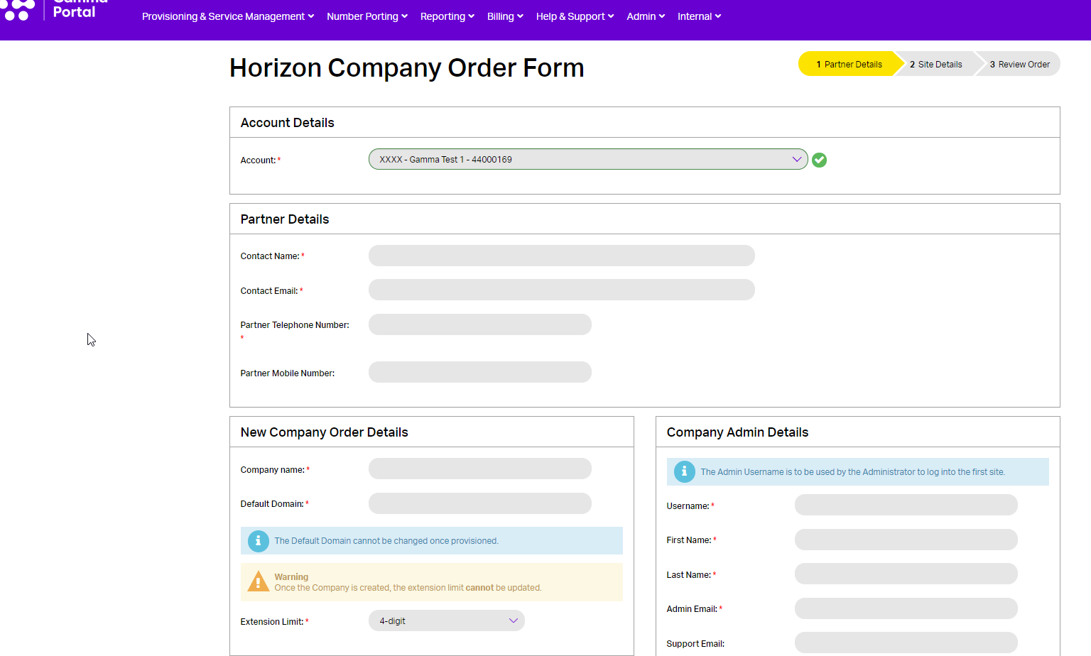 Horizon portal, Horizon company order form being displayed