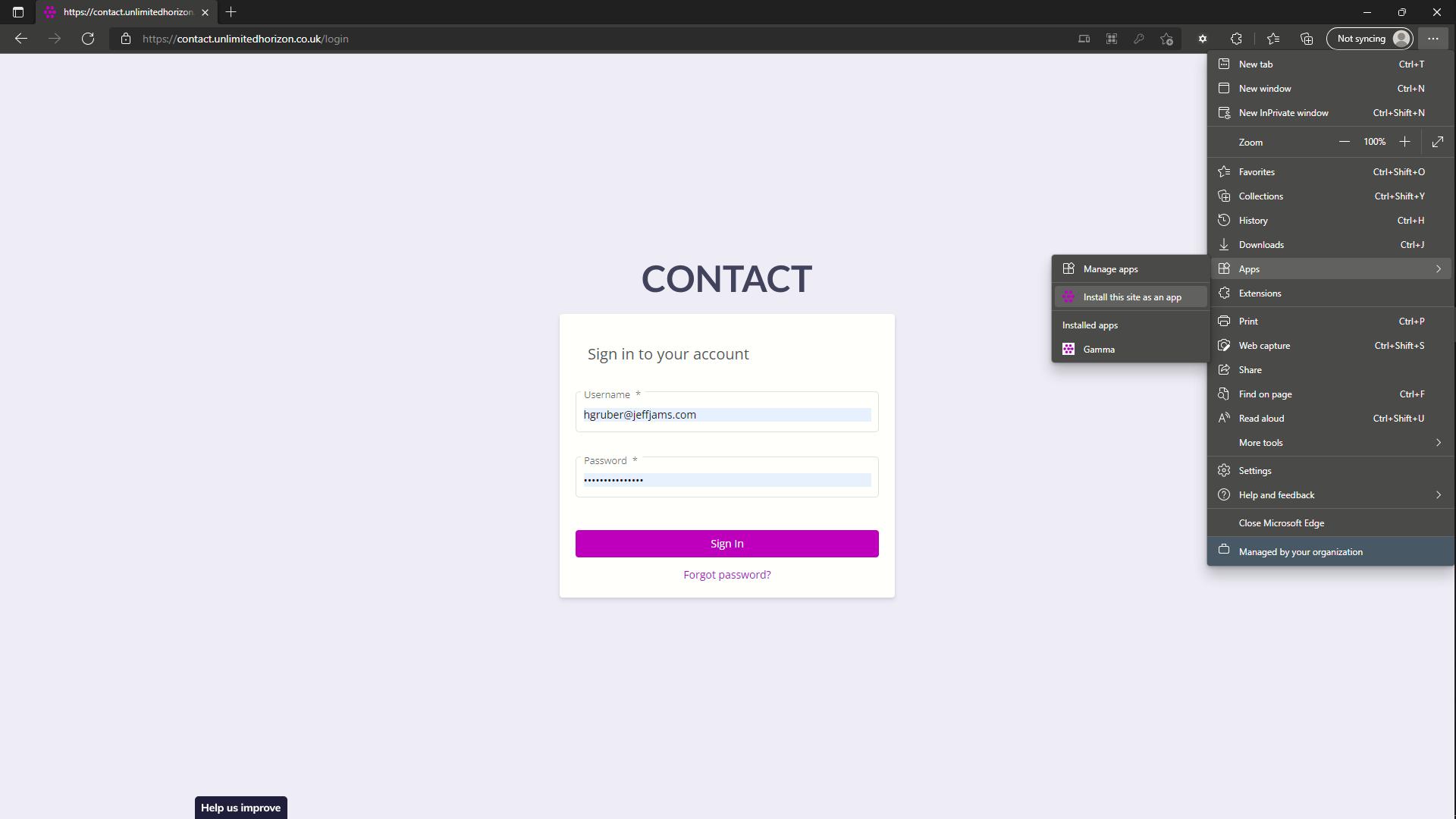Hovering over the apps section of the drop down to reveal an " install" button for contact horizon