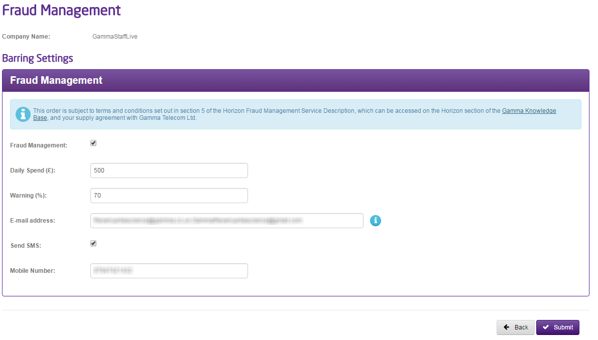 Fraud management settings page