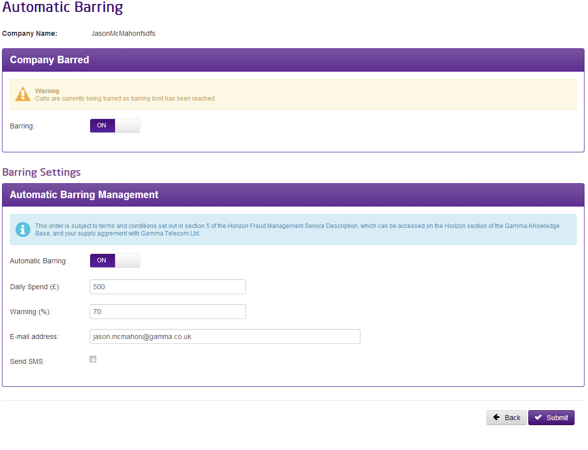 page showing automatic barring managment settings