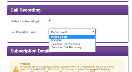 Image of call recording drop down box