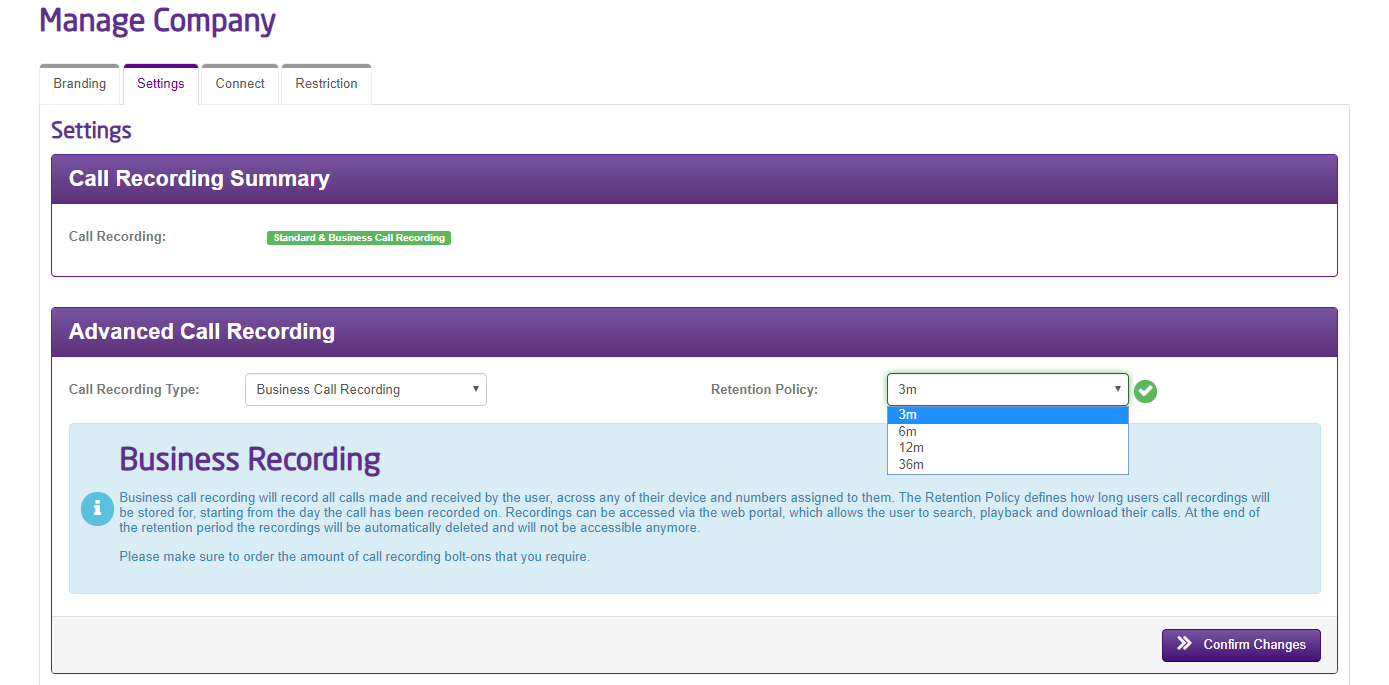 A page showing advanced call recording section.  Displaying use of the retention policy drop down