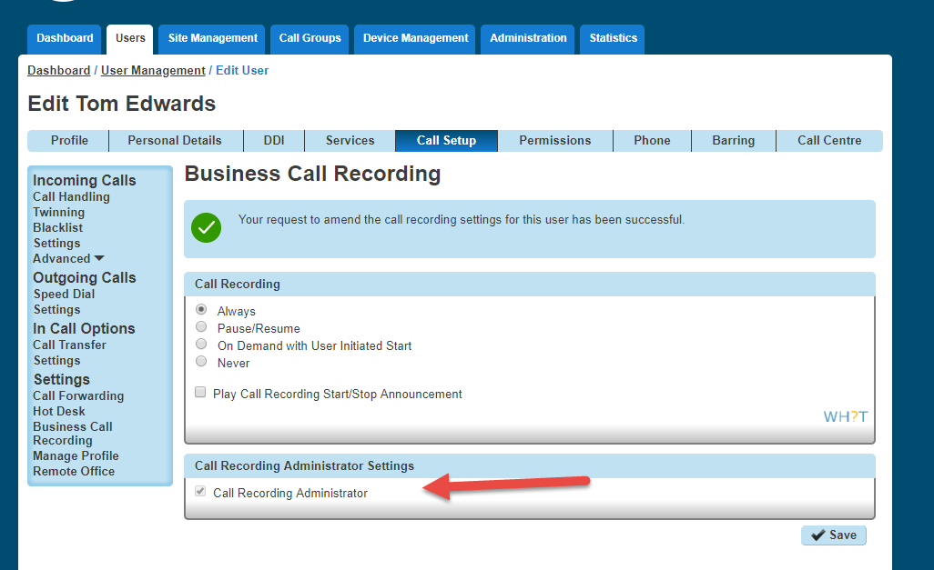 Horizon user page with in a call setup tab highlighting the call recording administrator tick box
