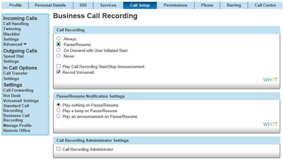 Business call recording page with a highlighted pause/ resume tick box