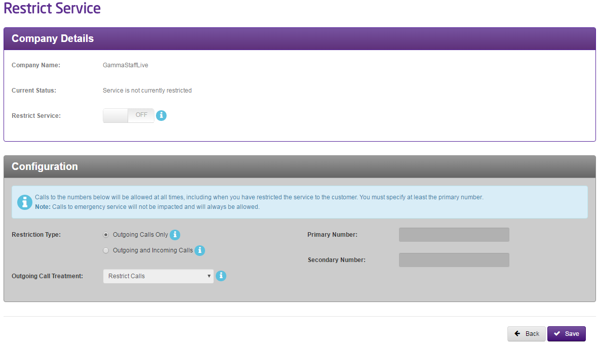 A page showing the restrict service page with a configuration box.