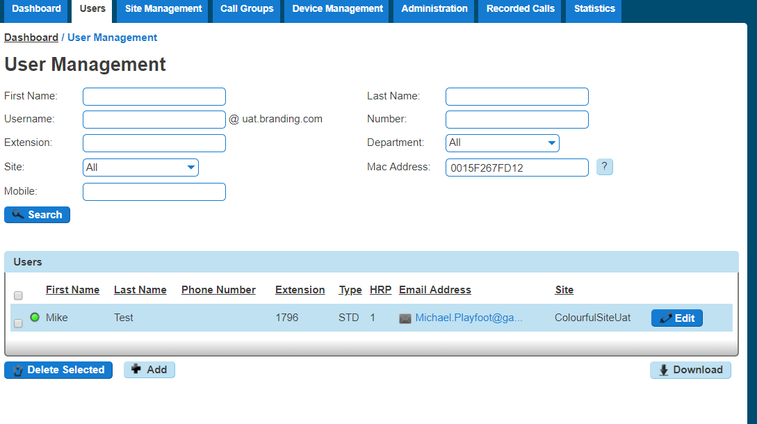 Screenshot of the user management page