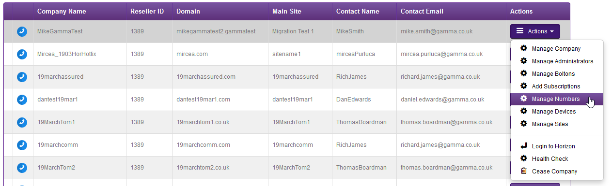 Horizon page with the actions drop down highlighting the manage numbers button