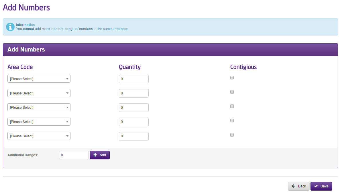 Screenshot of add numbers where you can designate area codes and quanity.