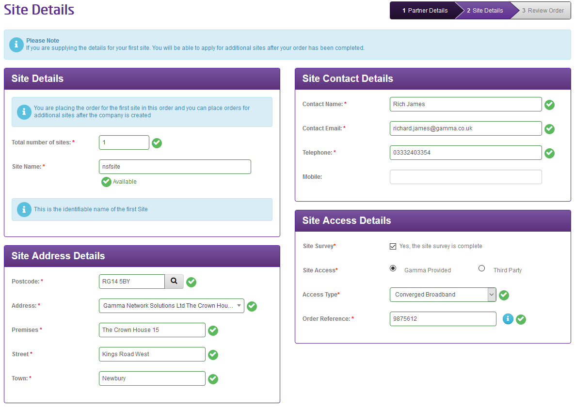 Form with site details filled in