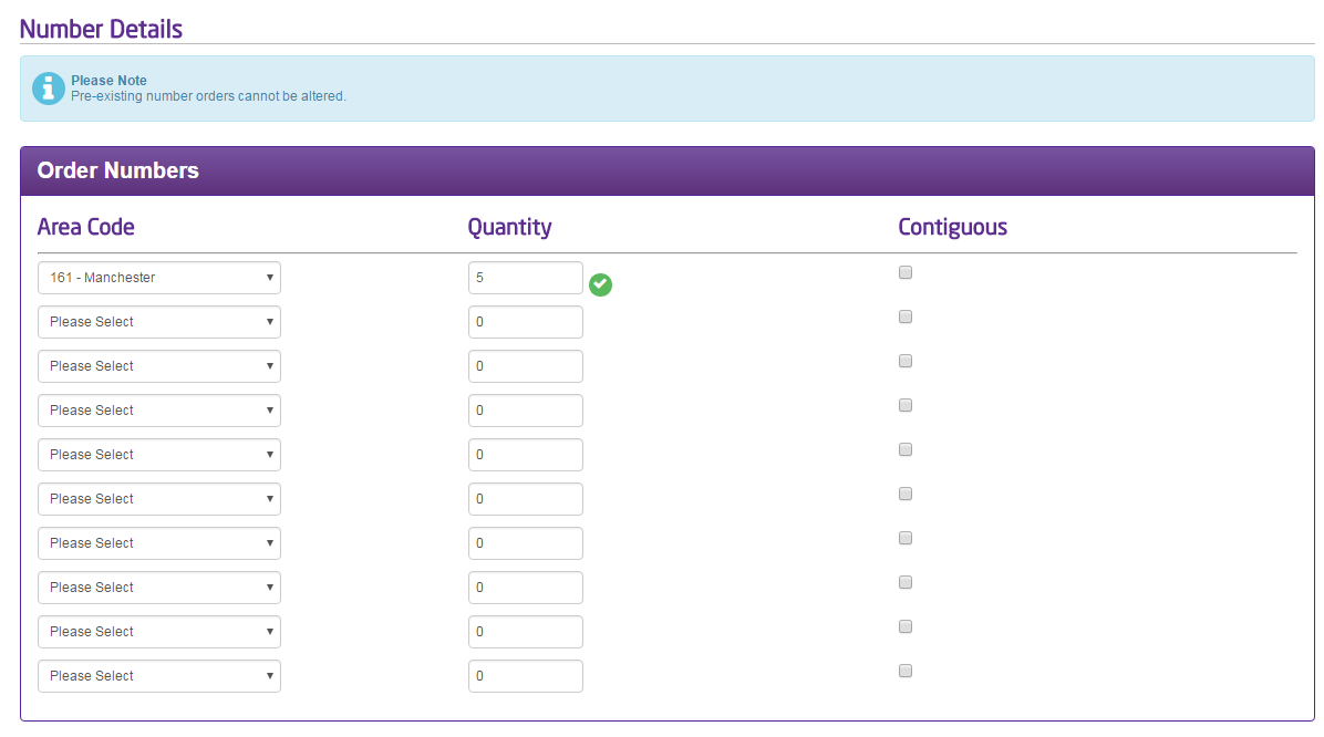 Displaying the order numbers screen which includes an area code section as well as the quantity in that code