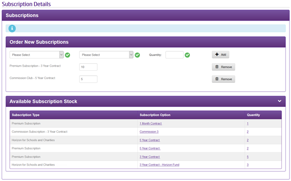 Subscription screen detailing the form for a subscription as well as available subscriptions