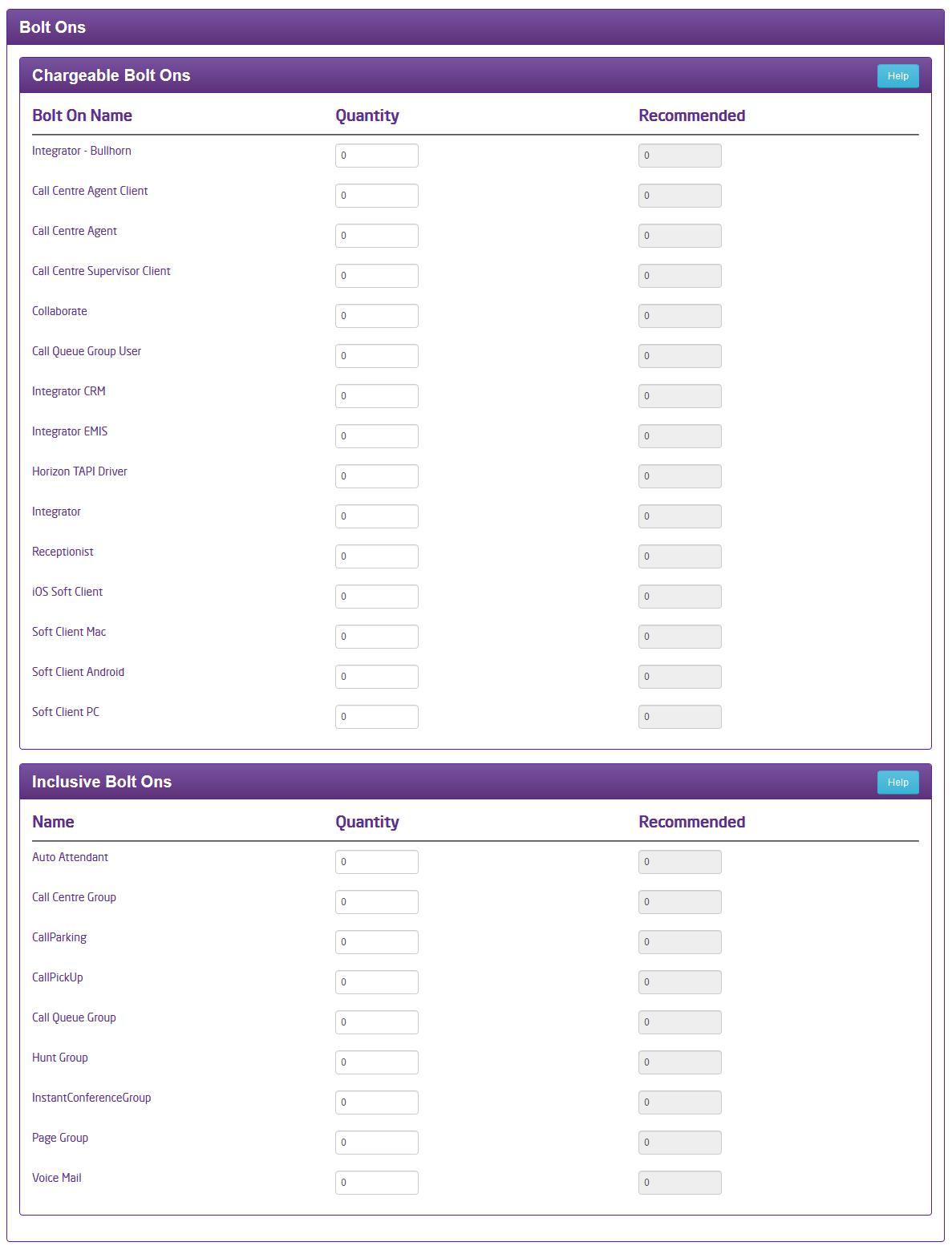 A screen displaying the bolt on options , the quantity you have and the recommended number