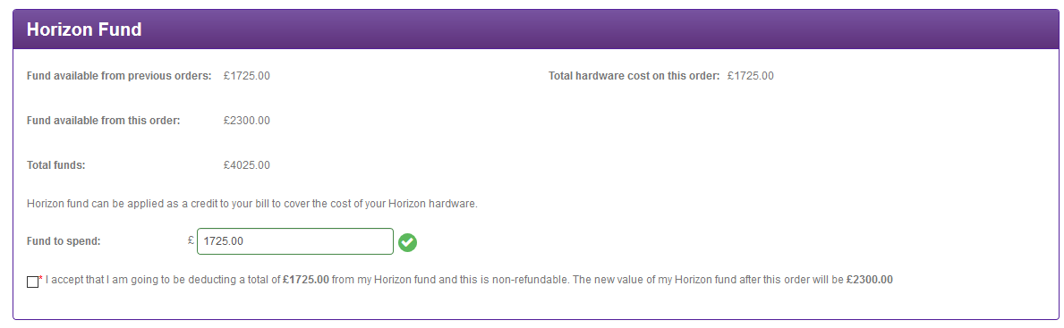A Horizon Fund screen showing the fund available for the order and how much is being spent.