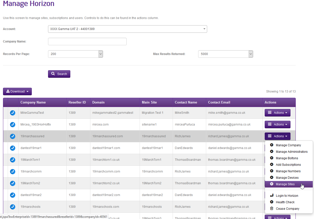 The screen used to manage horizon with a drop down box in the image showing the location of "manage sites"