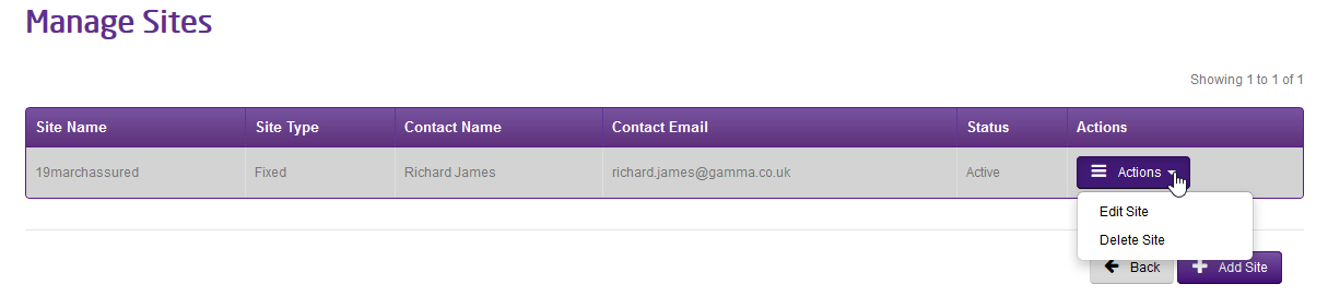 Detailing clicking the actions drop down which displays an edit site, and delete site button.