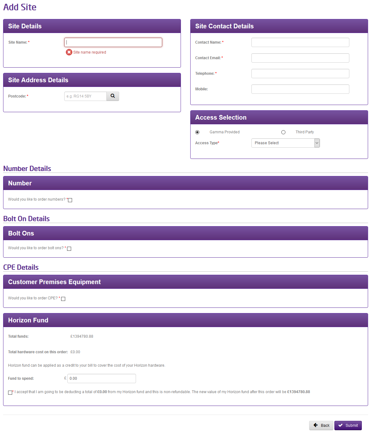The form used to Add a site