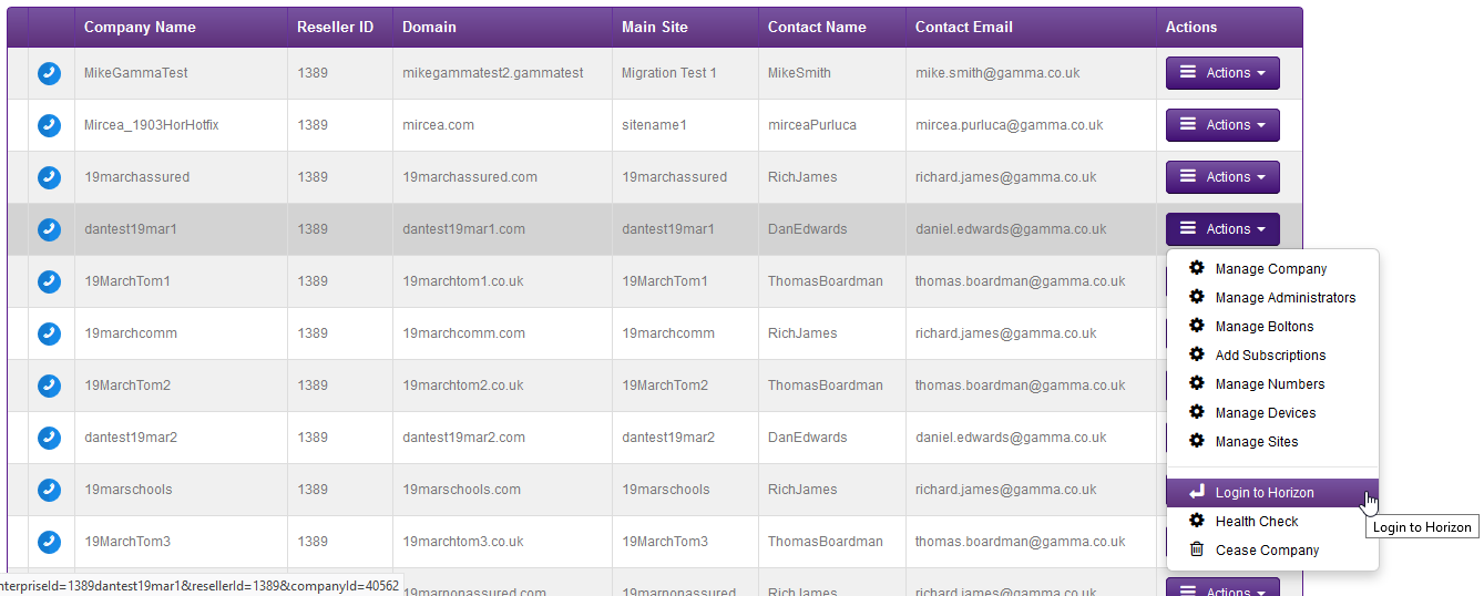 A screenshot showing the actions drop down leading to a "login to horizon" button