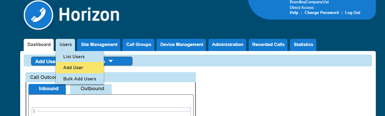 The horizon page with the mouse hovering over the users tab. Then Highlighting the add user button