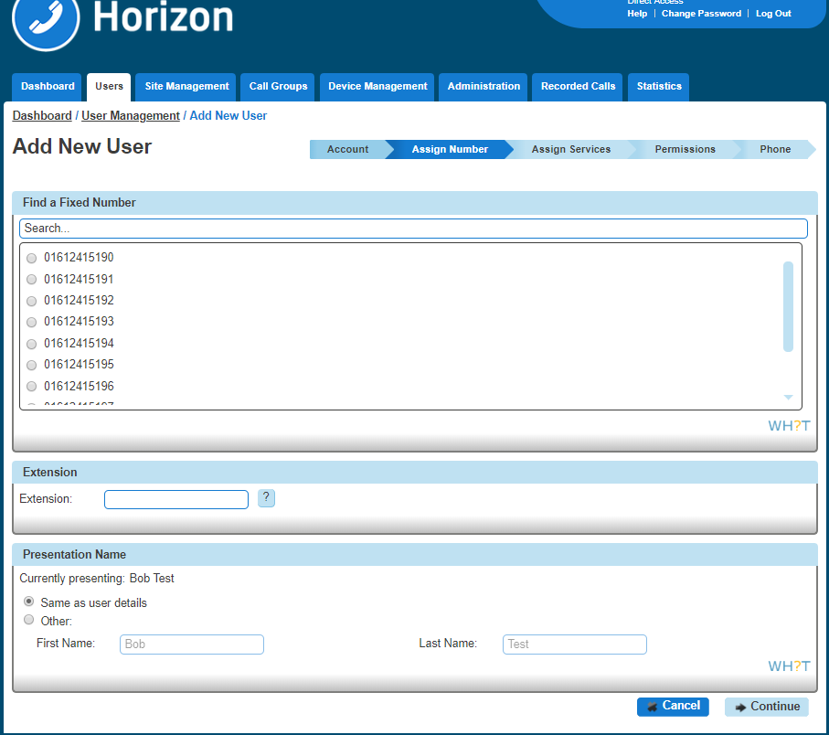 The next step in the add user form asking for a fixed number for that user.