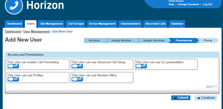 A screen with toggles for access and permisions of the new user