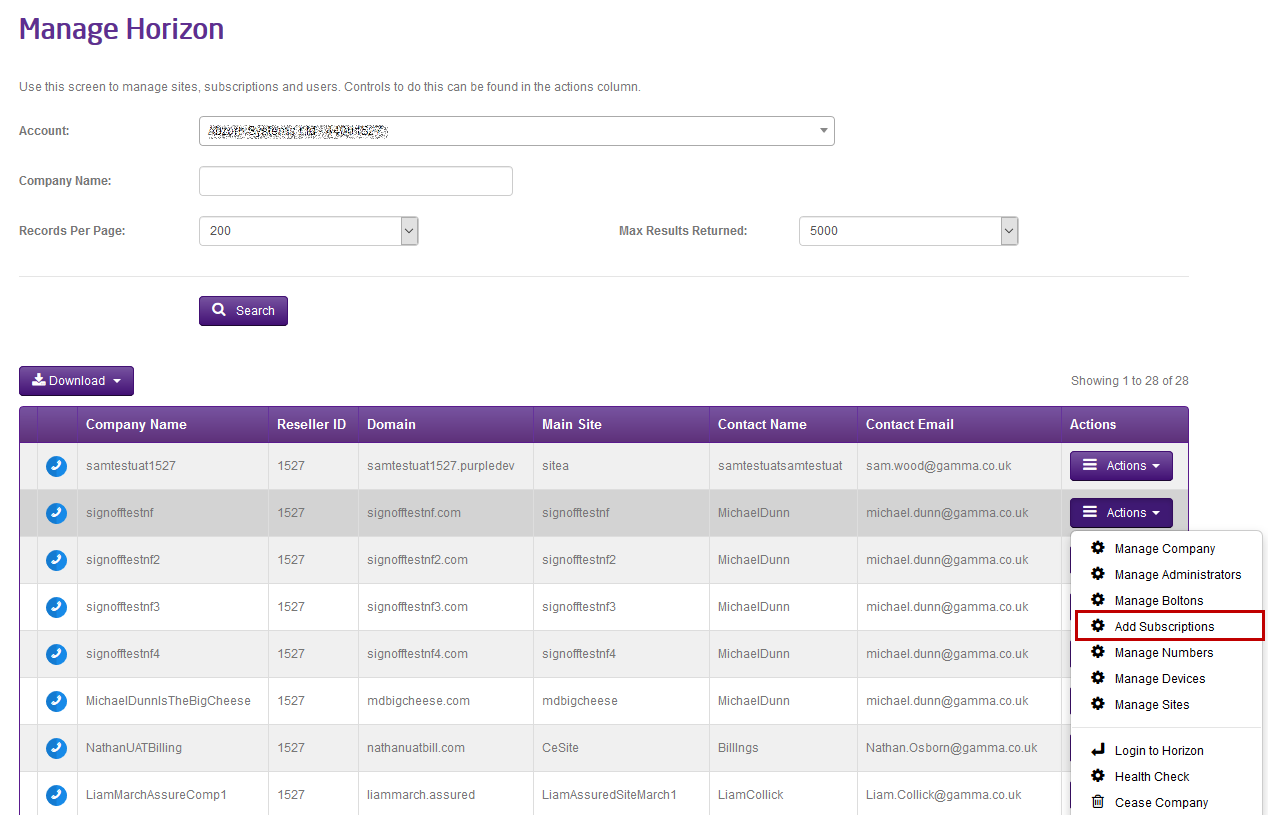 The manage horizon screen with the actions dropdown displaying an add subscriptions button

