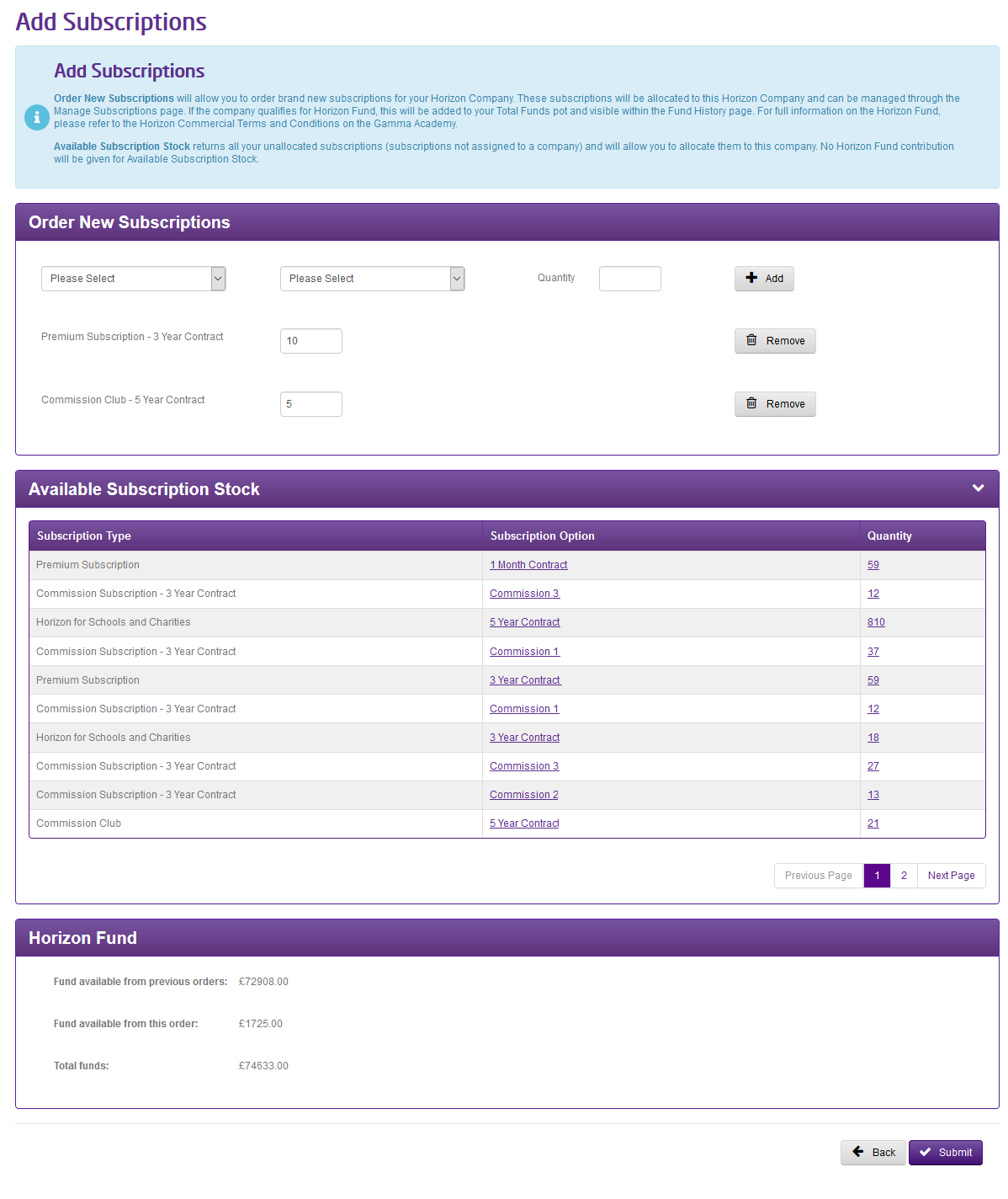Screenshot of page on which subscriptions can be added.