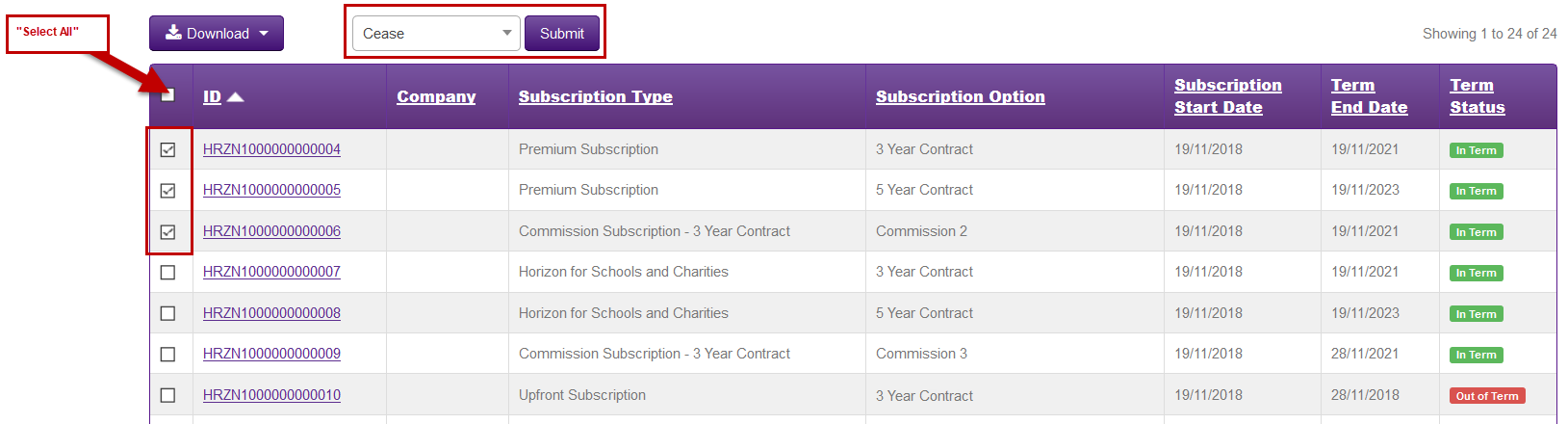 Showing the select all button for subscriptions