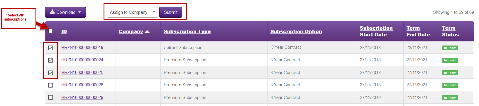 An image displaying the select all subscriptions button and the assign a company drop down.