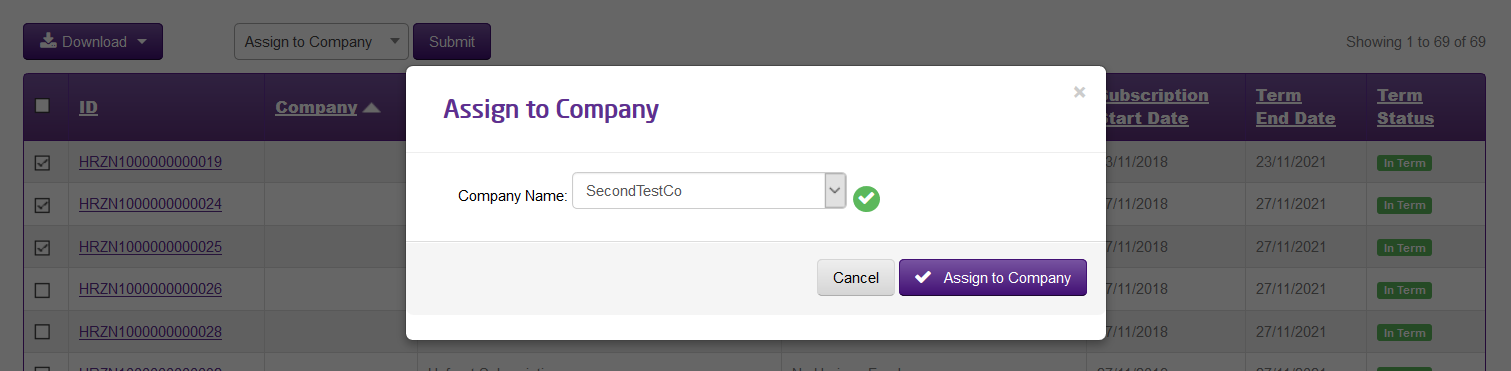 The assign a company confirmation pop up