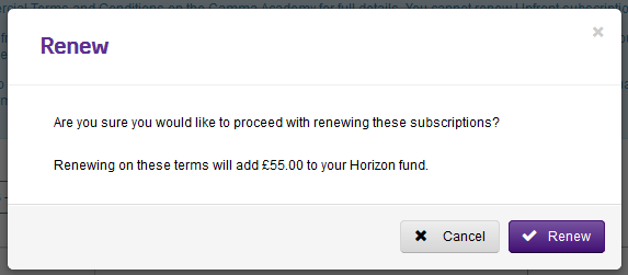 The renewal confirmation pop up