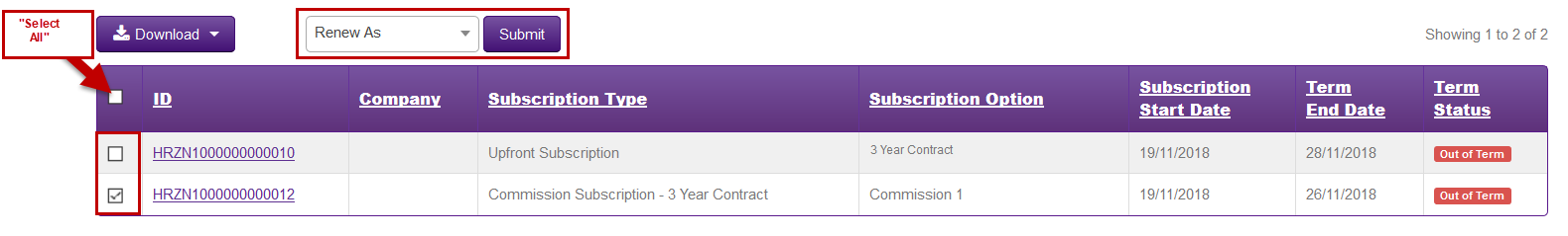 Showing how to individually select subscriptions for renewal.