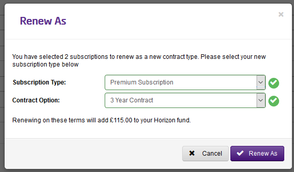 A box showing the subscription type options and the contract options before renewal.