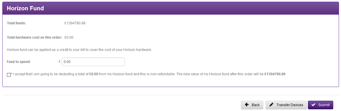 A page showing your total funds with an input box for funds to spend.