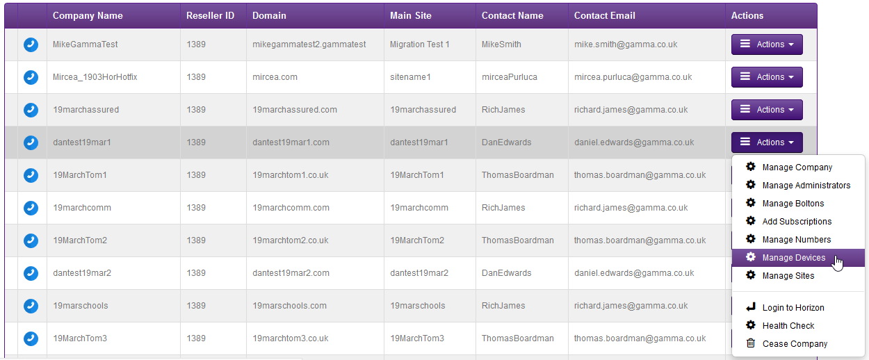 A page showing the actions drop down highlighting the manage devices button.