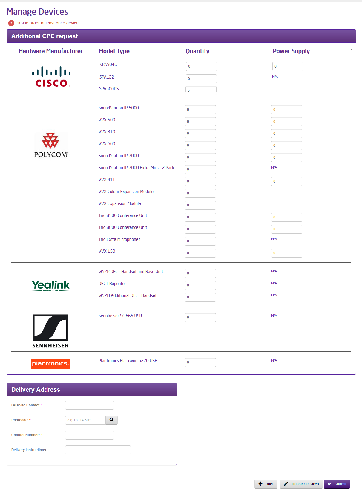 A page for managing devices.