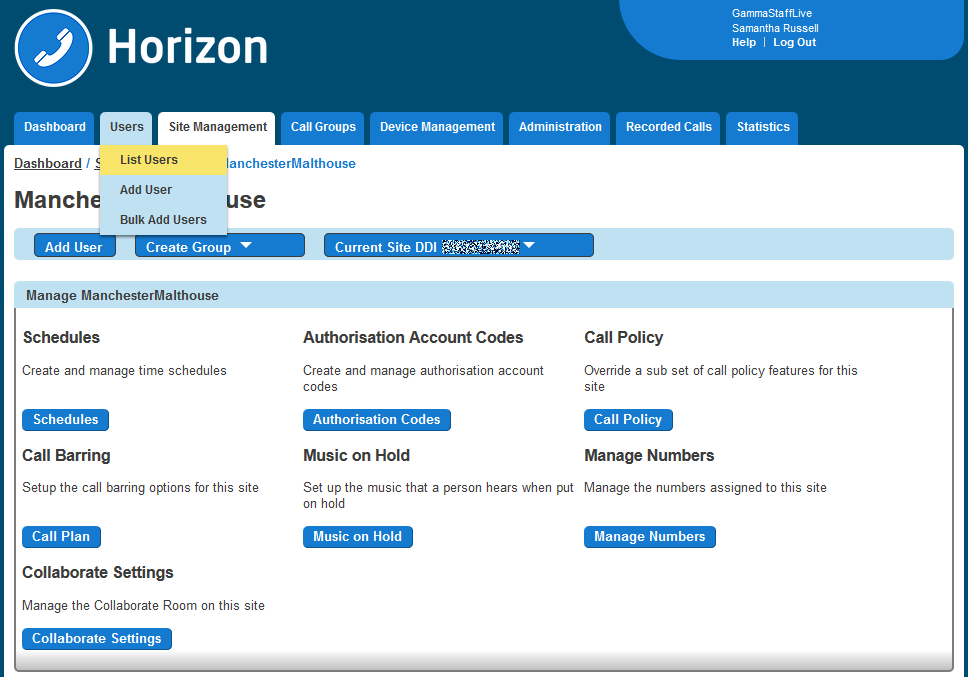 Horizon page showing the list users button.