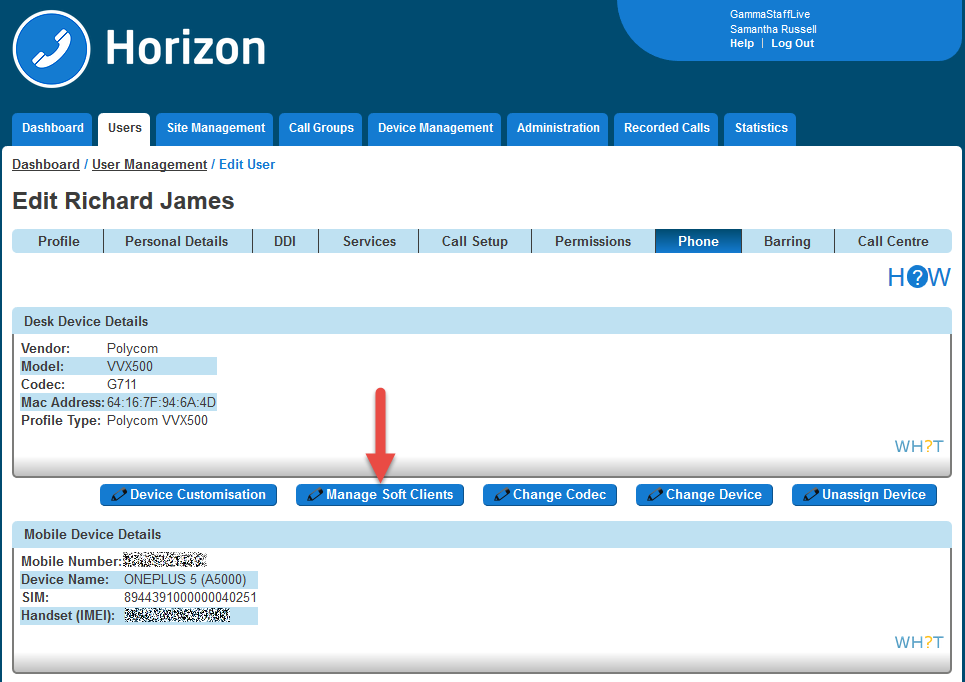 A user page highlighting the "manage soft clients" button