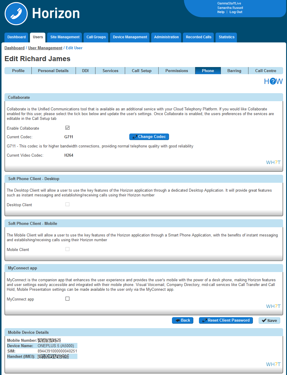 The phone section of a users profile on horizon.