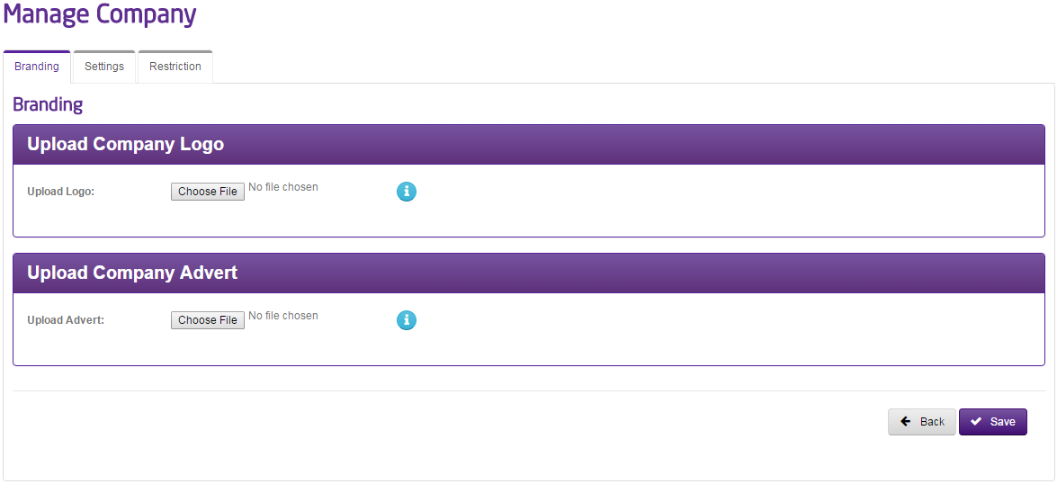 An image of the next screen with an upload logo and an upload advert button