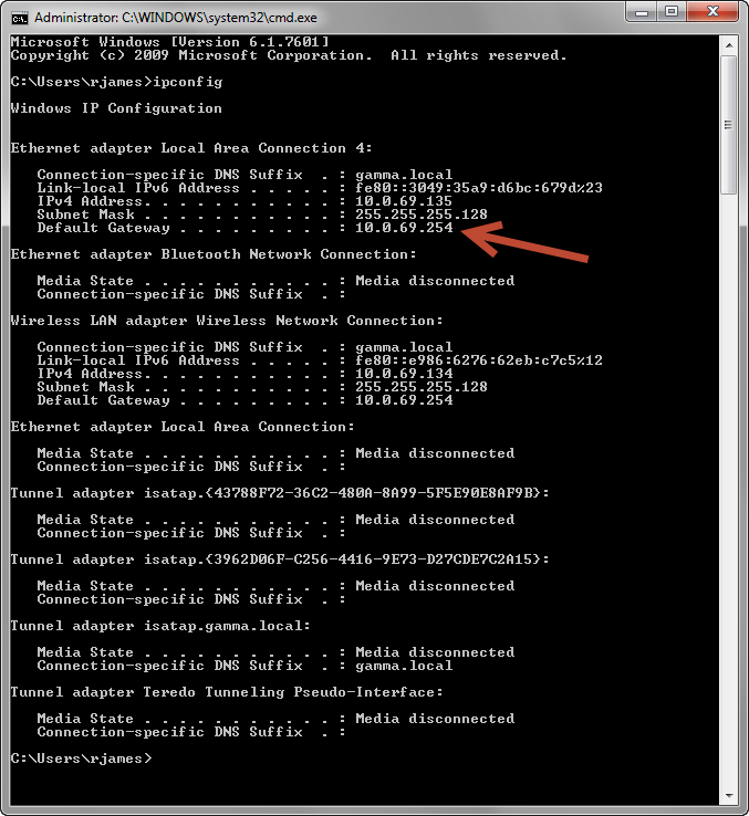 shows the location of default gateway in the command prompt after completing step 2