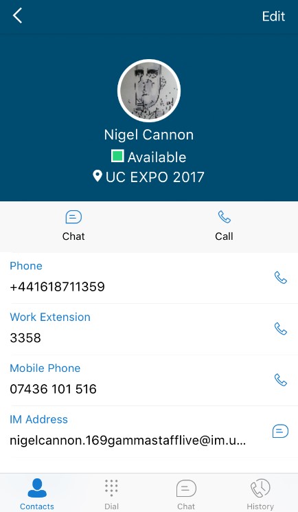 A user profile on the horizon app with options to call and text
