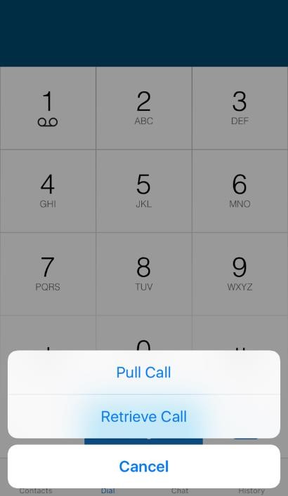 Dial screen on horizon app with "pull call" and " retrieve call" options