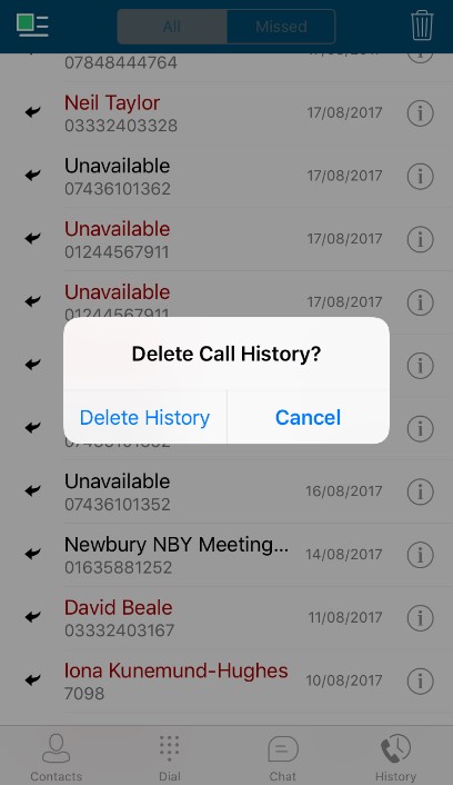 Horizon app phone screen with a delete call history pop up.