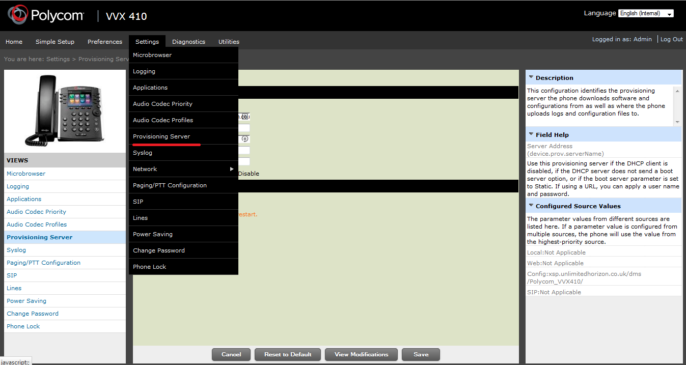 An image highlighting the provisioning server button